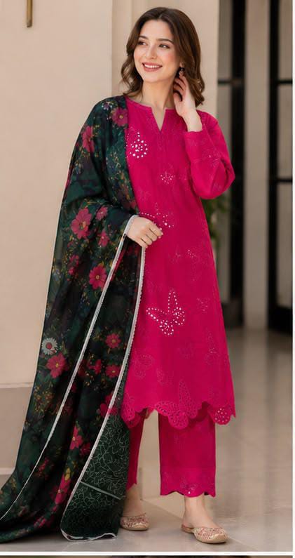Premium Lawn Emb Chikankari 3 Piece Unstitched Suit With Silk Dupatta 2026