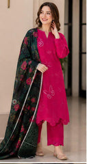 Premium Lawn Emb Chikankari 3 Piece Unstitched Suit With Silk Dupatta 2026