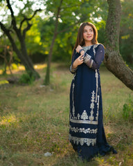 Premium Navy Blue Chiffon Emb 3 Piece Unstitched Suit With Chiffon Dupatta 2026
