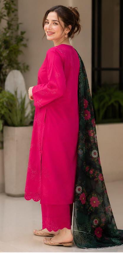Premium Lawn Emb Chikankari 3 Piece Unstitched Suit With Silk Dupatta 2026