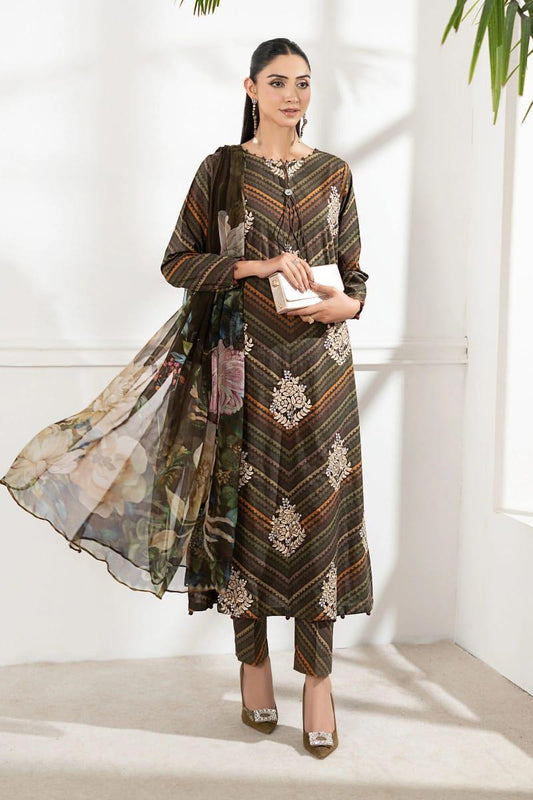 M B GL-71016 Premium Printed Lawn Emb 3 Piece Unstitched Suit With Chiffon Dupatta 2026
