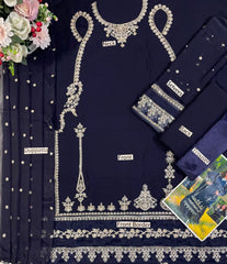 Premium Navy Blue Chiffon Emb 3 Piece Unstitched Suit With Chiffon Dupatta 2026