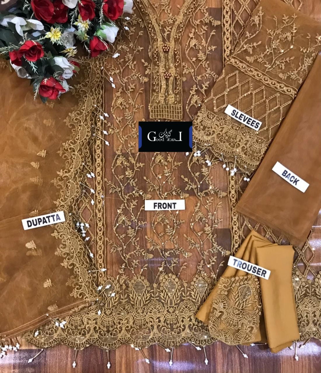 ANAYA PARTY WEAR NET HEAVY DRESS MUSTARD