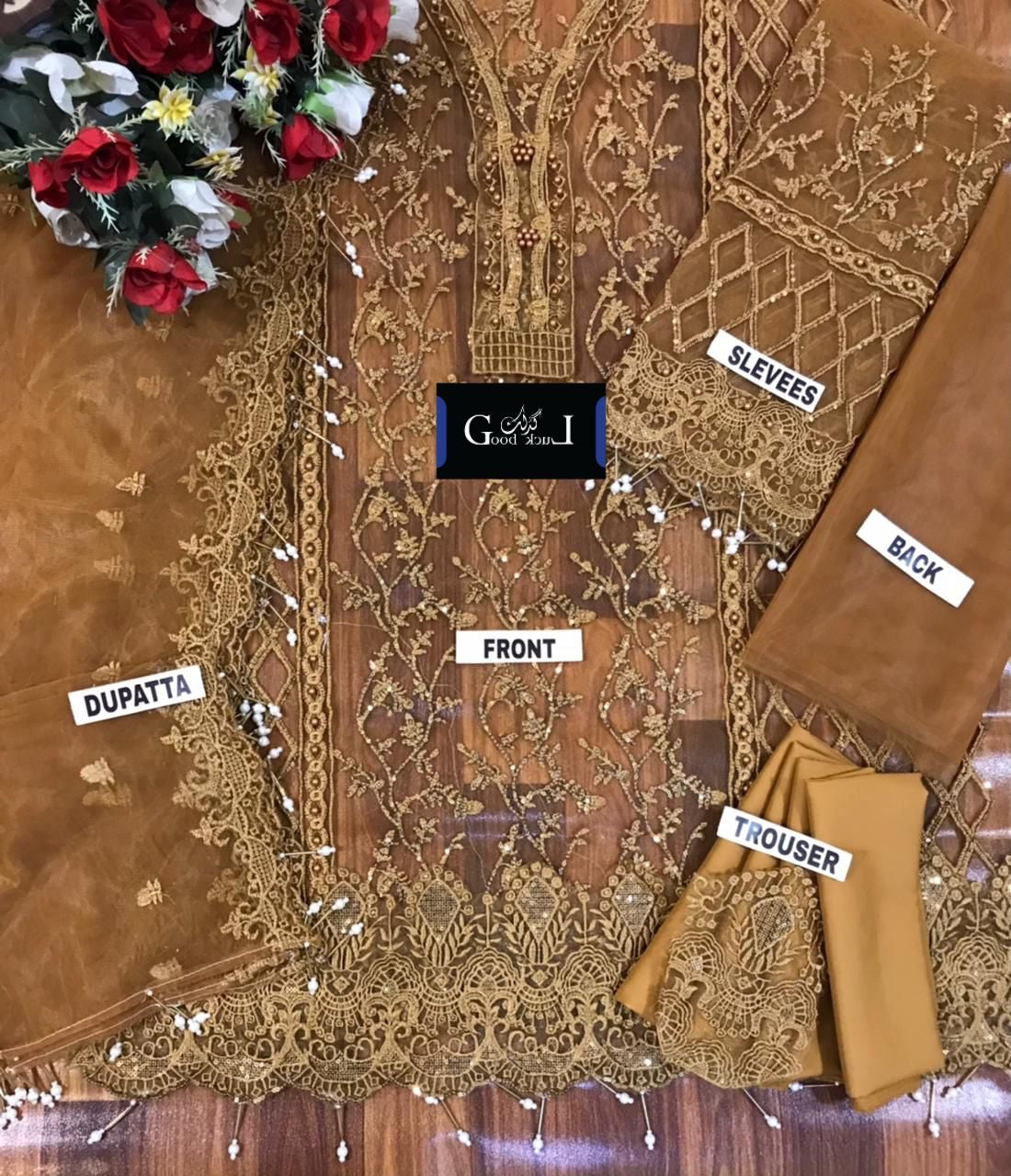 ANAYA PARTY WEAR NET HEAVY DRESS MUSTARD