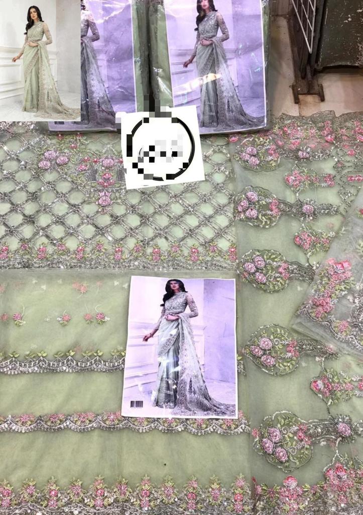 MARIA B Green Net Saree bridal Unstiched