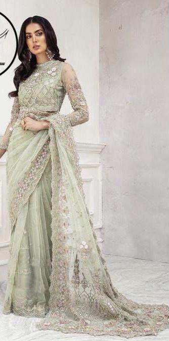MARIA B Green Net Saree bridal Unstiched