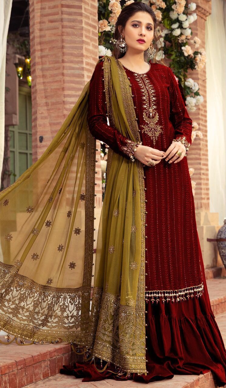 Sateen Maroon Chiffon Emborired party wear dress unstiched